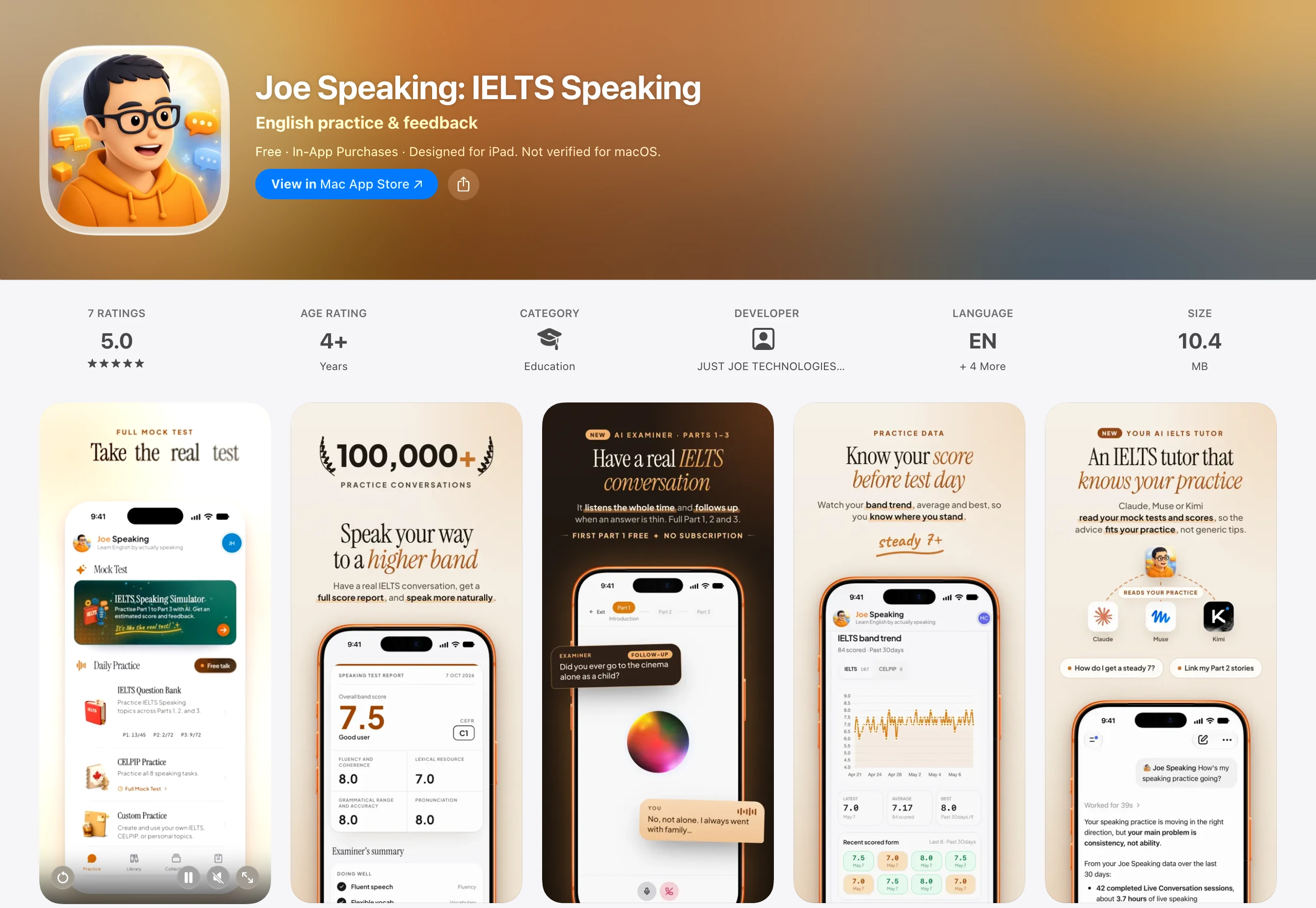 Joe Speaking on the App Store: IELTS Speaking, English practice and feedback, rated 5.0