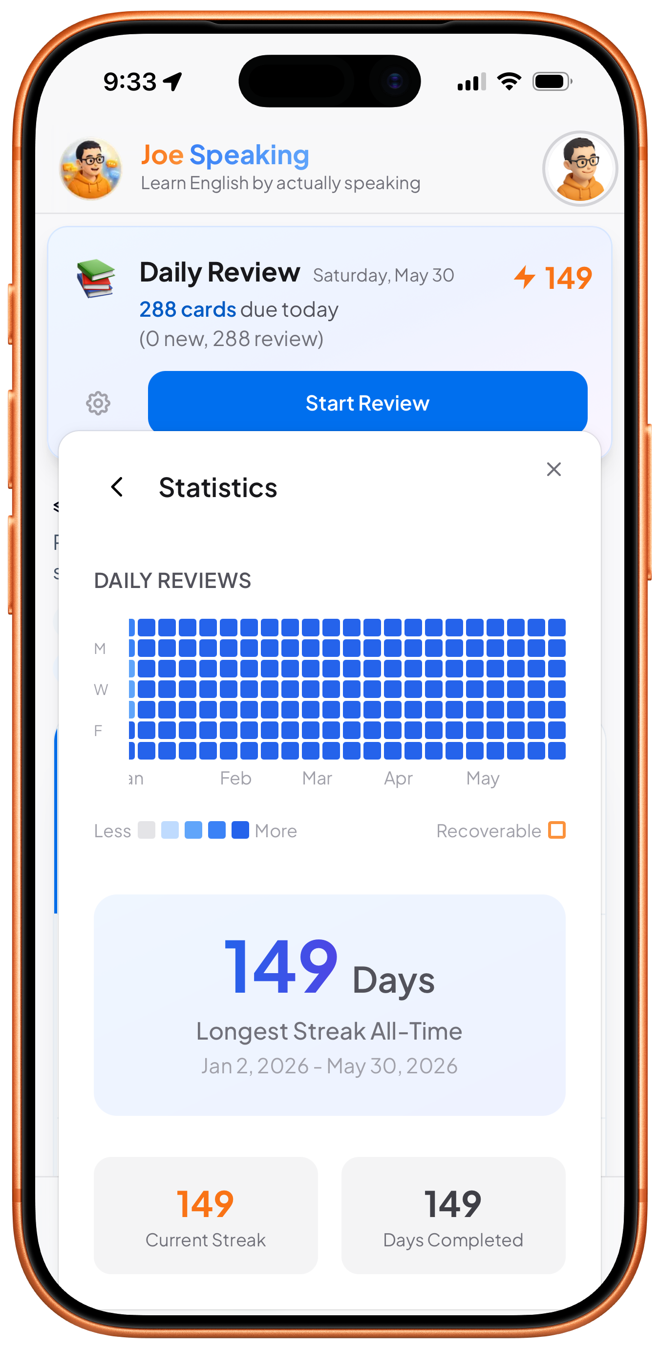 Joe Speaking daily review — 149-day streak